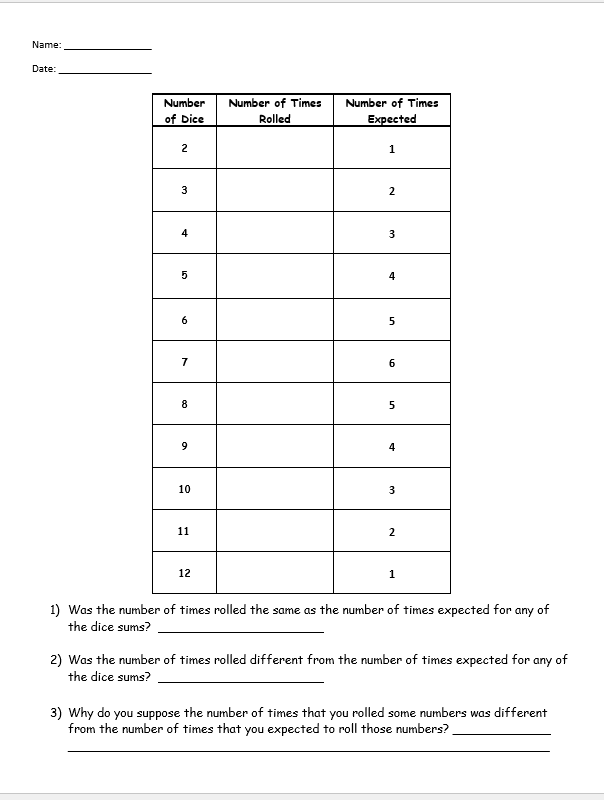 FREE - Dice probability Worksheet - FREE – Engaging Einsteins