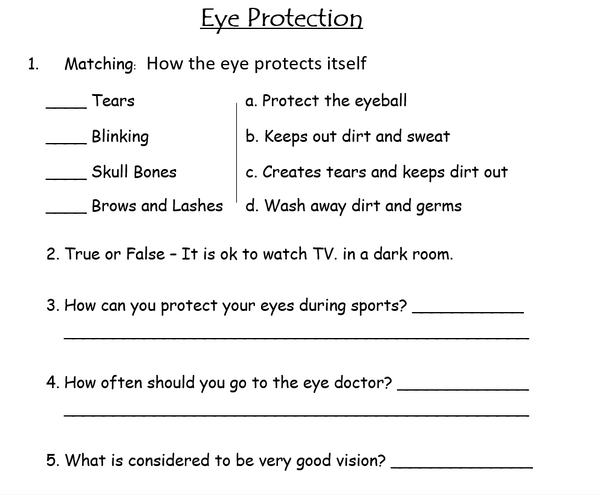 FREE - Hygiene: Eye Protection Worksheet - FREE