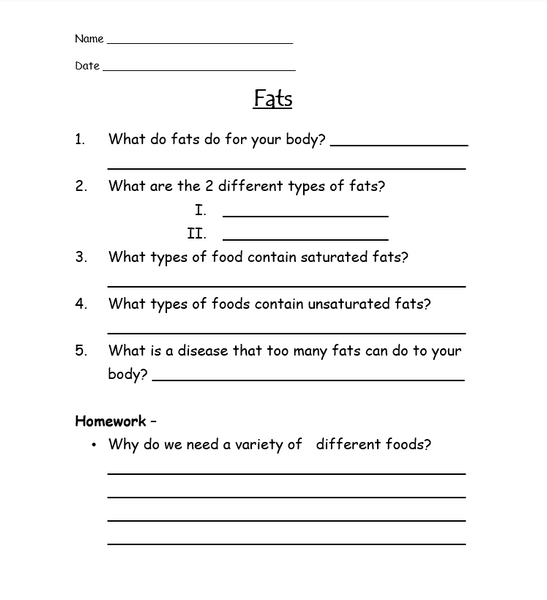 FREE - Nutrition: Fats Worksheet - FREE