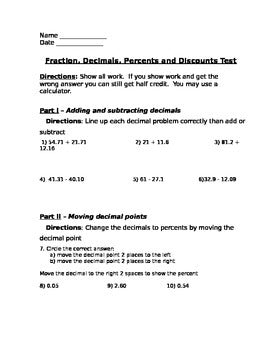 Fraction, Decimals and Percents Assessment (Test)