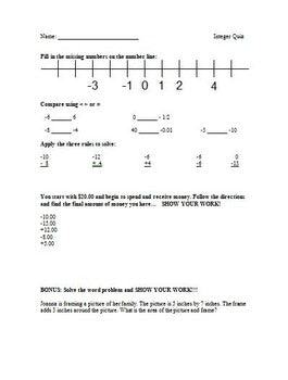 Integers Assessment (Quiz)