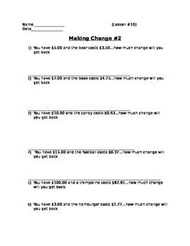 Buying Food - Making Change Worksheet #2